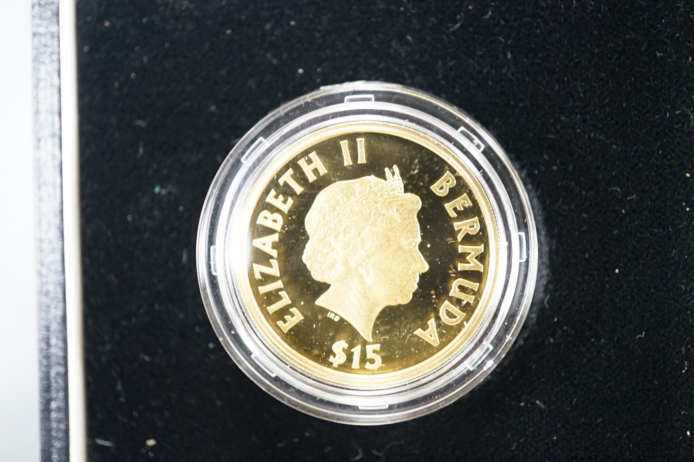 A cased Tall Ships Bermuda 2000 Race of the Century Commemorative gold proof $15 coin, with certificate, no. 0388.